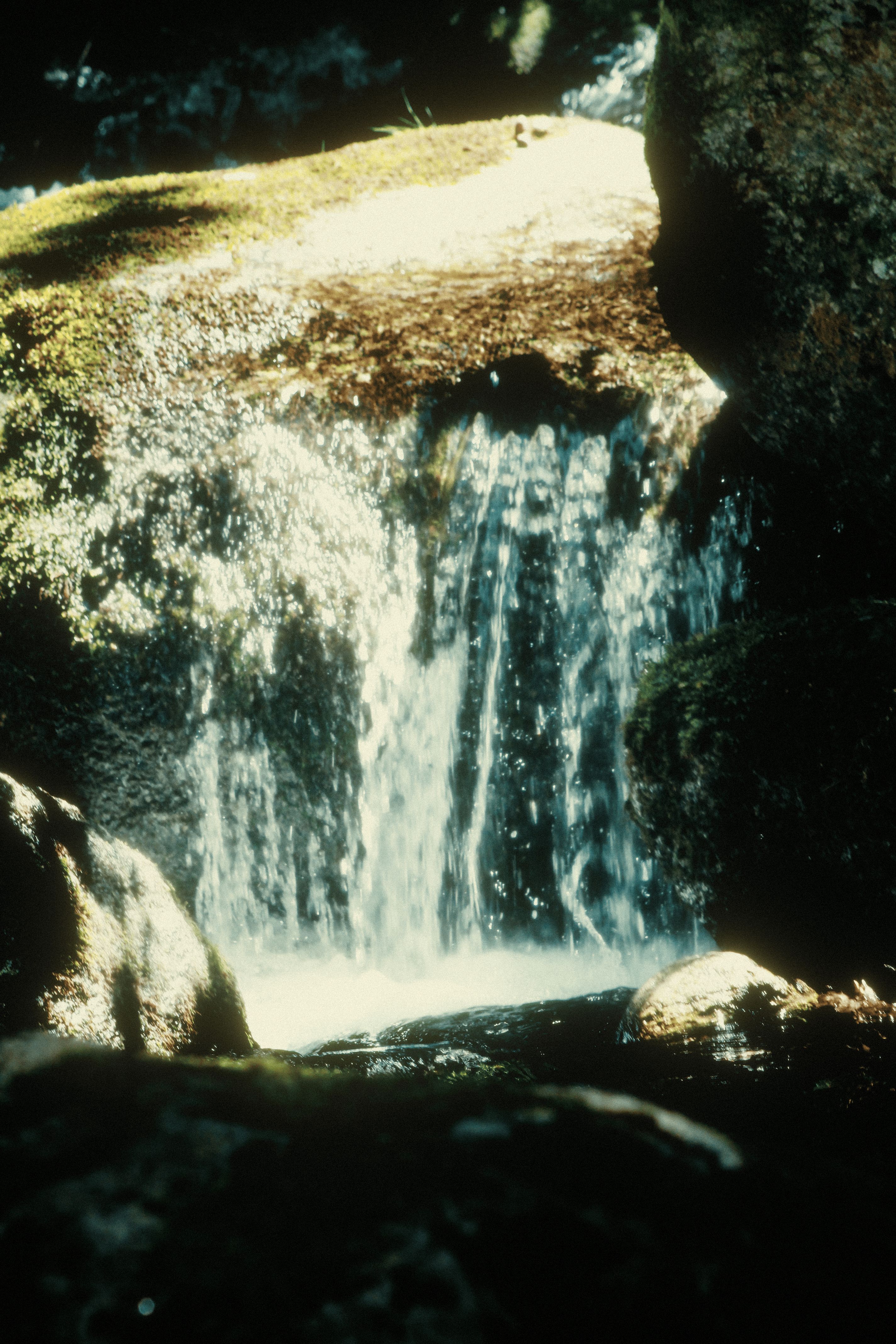 Petite cascade éclairée par le soleil entre des rochers